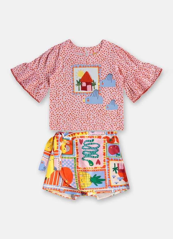 Três e Já - Conjunto Menina Blusa e Short-Saia Rosa 2