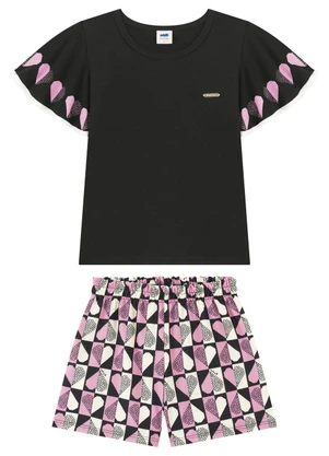 Marlan - Conjunto Menina Blusa e Shorts de Corações Preto - MARLAN