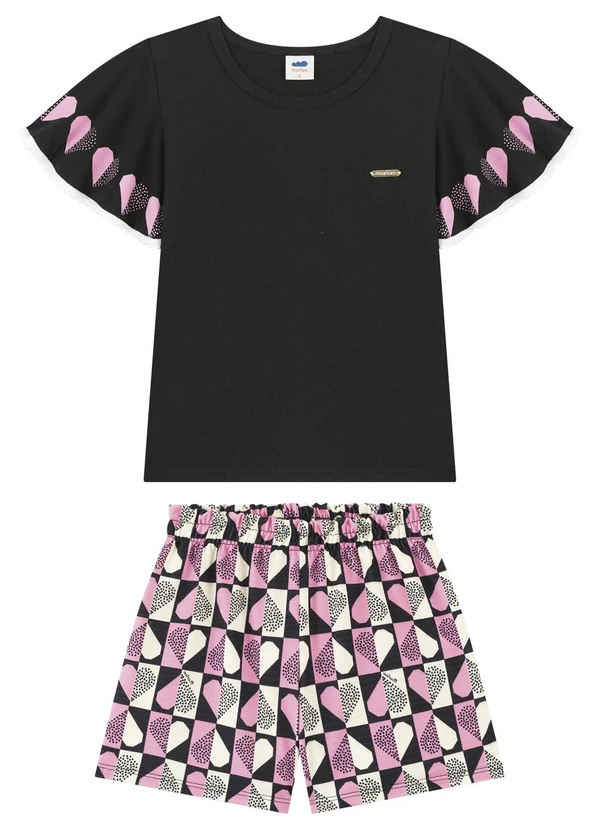 Marlan - Conjunto Menina Blusa e Shorts de Corações Preto