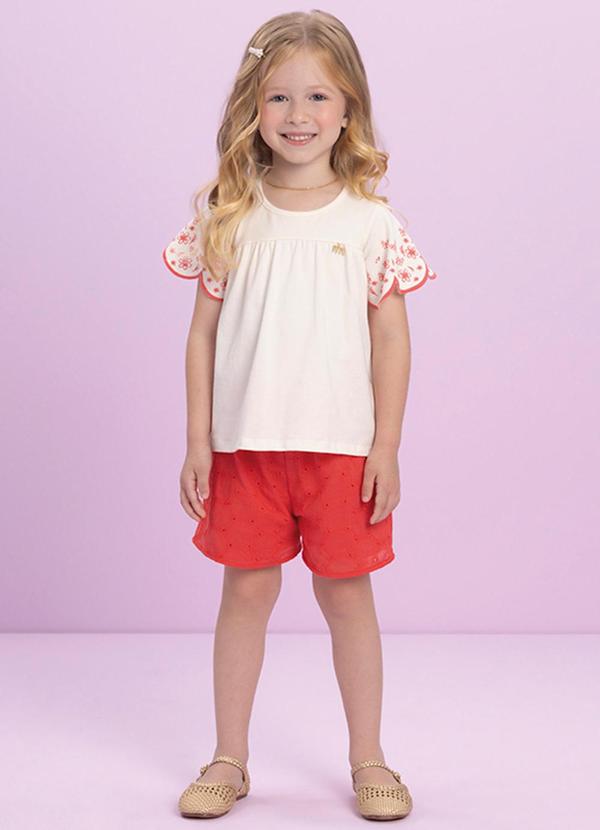 Milli e Nina - Conjunto Menina Blusa e Shorts em Laise Poá Bege