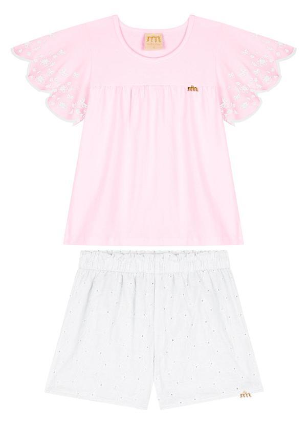 Milli e Nina - Conjunto Menina Blusa e Shorts em Laise Poá Rosa