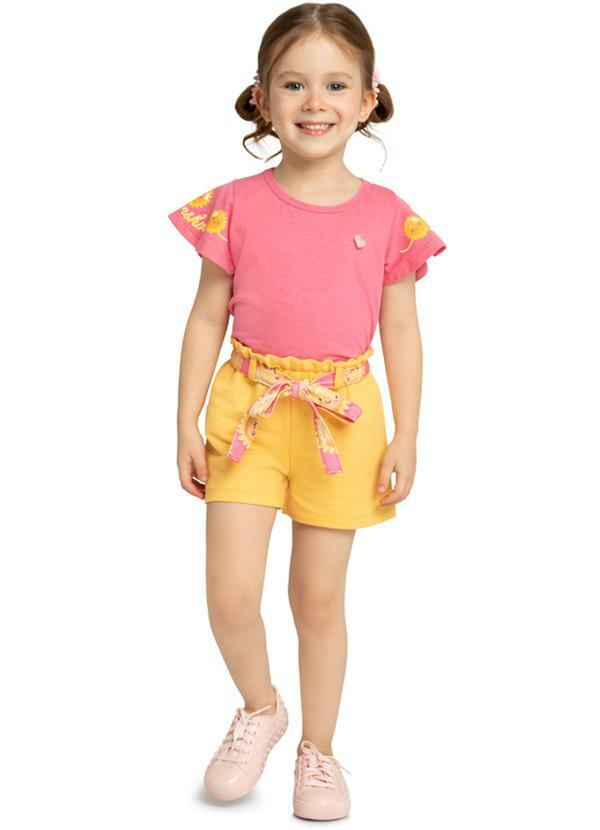 Marlan - Conjunto Menina Blusa e Shorts em Moletinho Rosa