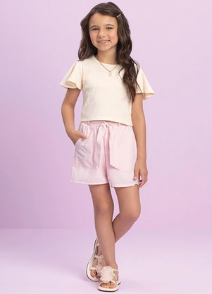 Milli e Nina - Conjunto Menina Blusa e Shorts em Tricoline Bege - MILLI E NINA