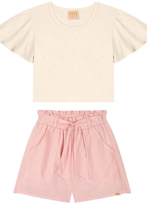 Milli e Nina - Conjunto Menina Blusa e Shorts em Tricoline Bege - MILLI E NINA