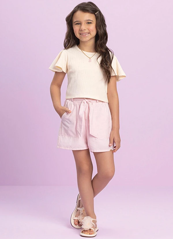 Milli e Nina - Conjunto Menina Blusa e Shorts em Tricoline Bege