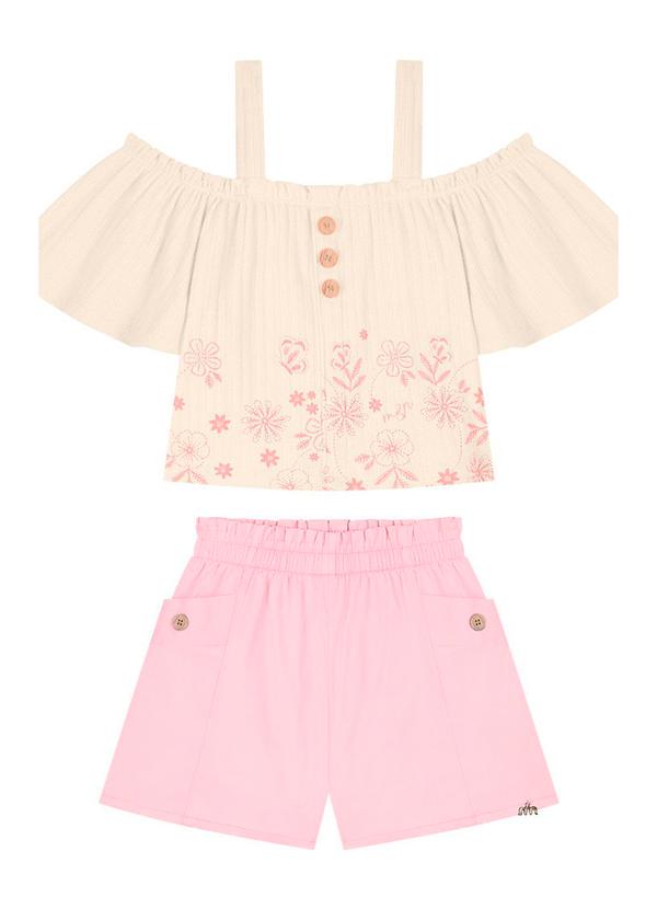 Milli e Nina - Conjunto Menina Blusa e Shorts em Tricoline Bege