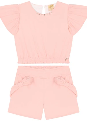 Milli e Nina - Conjunto Menina Blusa e Shorts em Tricoline Rosa - MILLI E NINA