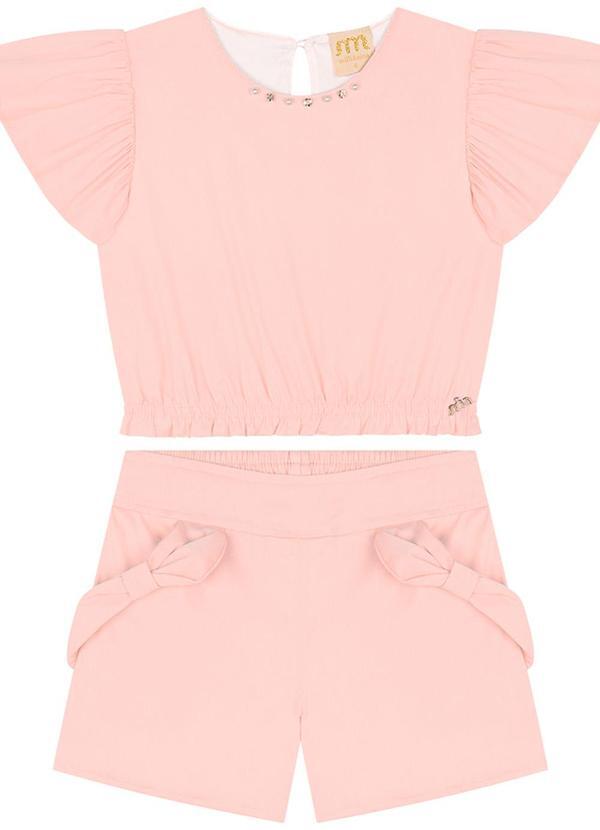 Milli e Nina - Conjunto Menina Blusa e Shorts em Tricoline Rosa