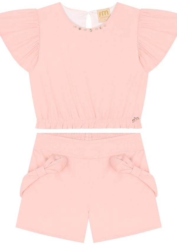 Milli e Nina - Conjunto Menina Blusa e Shorts em Tricoline Rosa
