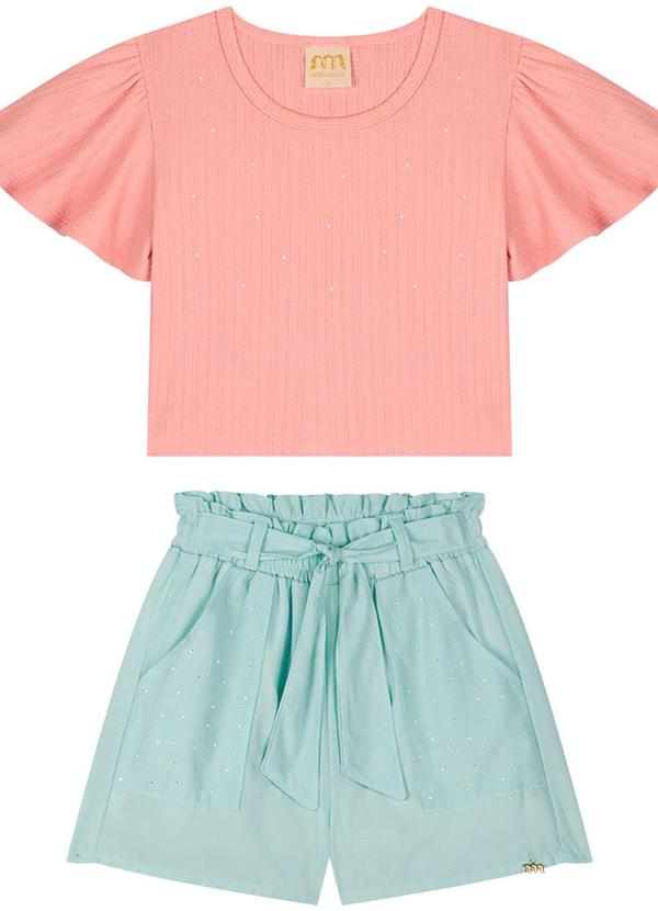 Milli e Nina - Conjunto Menina Blusa e Shorts em Tricoline Rosa