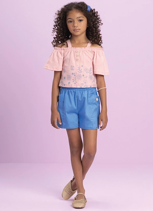 Milli e Nina - Conjunto Menina Blusa e Shorts em Tricoline Rosa