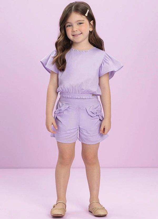 Milli e Nina - Conjunto Menina Blusa e Shorts em Tricoline Roxo
