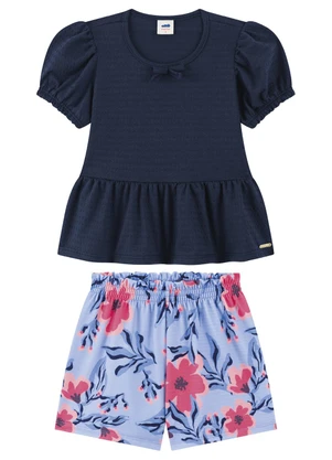Marlan - Conjunto Menina Blusa Malha Poá e Shorts Azul - MARLAN