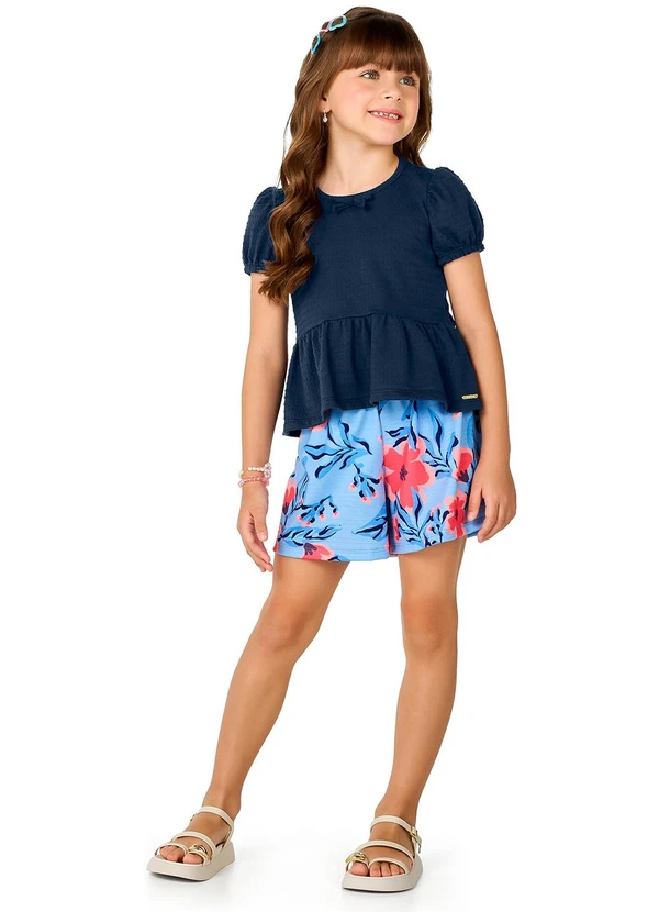 Marlan - Conjunto Menina Blusa Malha Poá e Shorts Azul