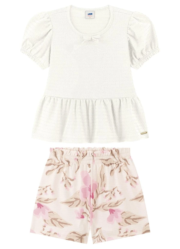 Marlan - Conjunto Menina Blusa Malha Poá e Shorts Bege