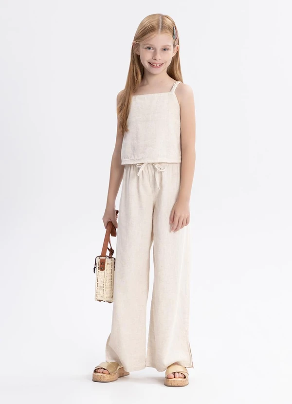 Alakazoo - Conjunto Menina com Calça e Blusa em Sarja Bege