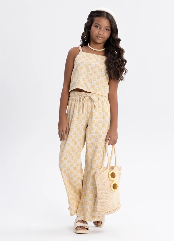 Alakazoo - Conjunto Menina com Calça e Blusa em Sarja Bege