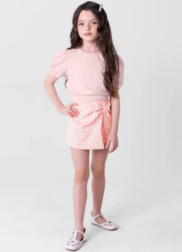 Brandili Mundi - Conjunto Menina com Cropped e Shorts Saia Rosa