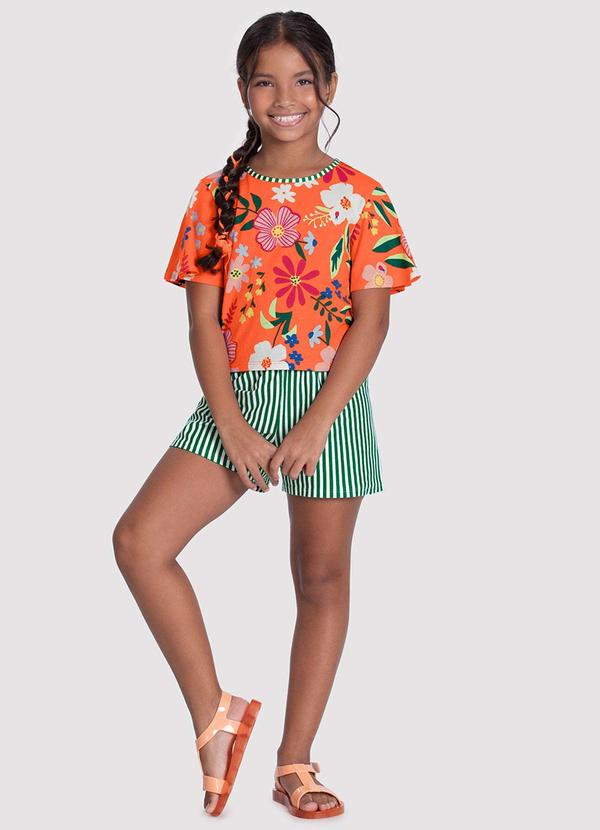 Alakazoo - Conjunto Menina com Shorts Listrado Laranja