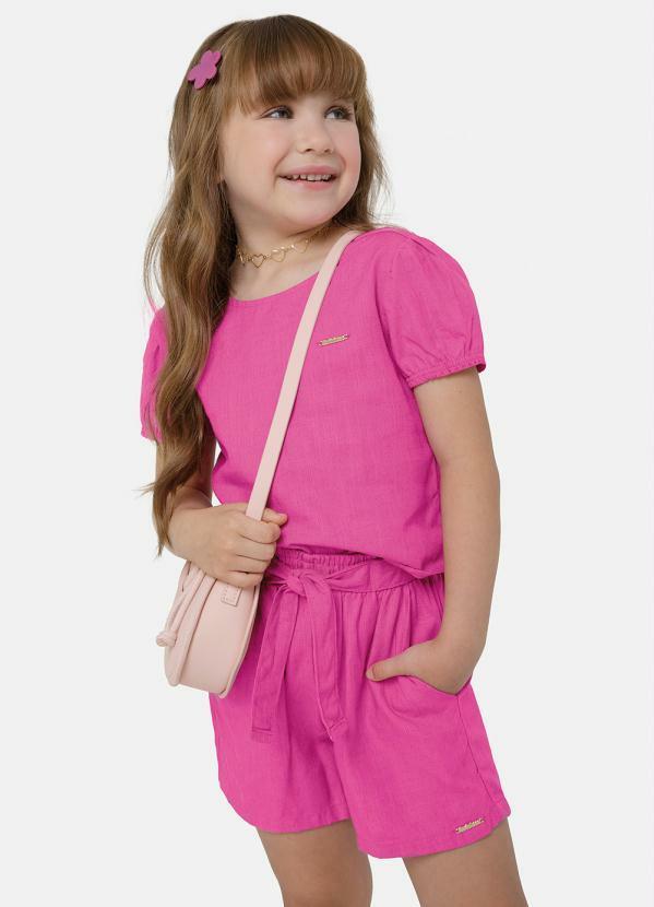 Carinhoso - Conjunto Menina em Linho Sustentável Rosa Neon