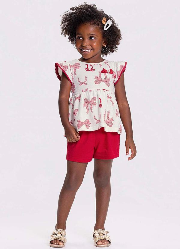 Alakazoo - Conjunto Menina Estampado Laço e PomponsVermelho