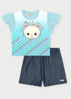 Abrange - Conjunto Menina Gatinho Brilhante Azul - ABRANGE