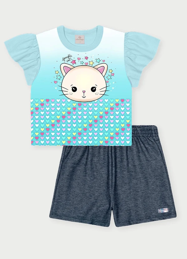 Abrange - Conjunto Menina Gatinho Brilhante Azul