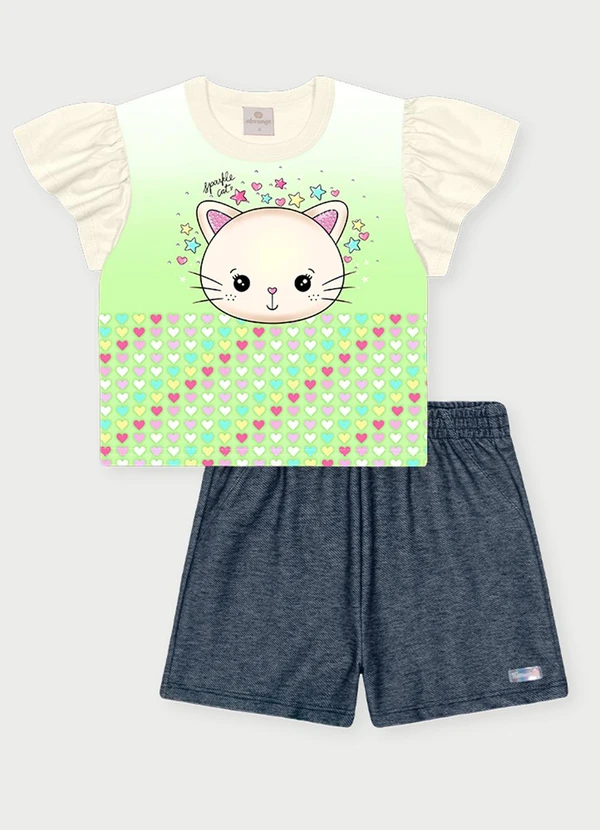 Abrange - Conjunto Menina Gatinho Brilhante Verde