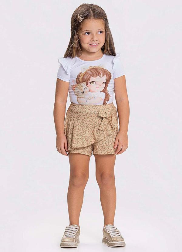Alakazoo - Conjunto Menina Strass Shorts Saia EstampadoBege
