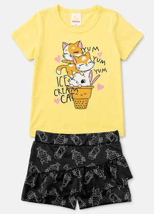Laluna - Conjunto Menina Verão Ice Cream Cat Amarelo - LALUNA