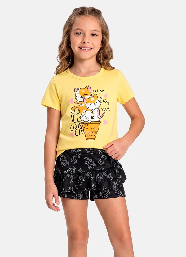 Laluna - Conjunto Menina Verão Ice Cream Cat Amarelo