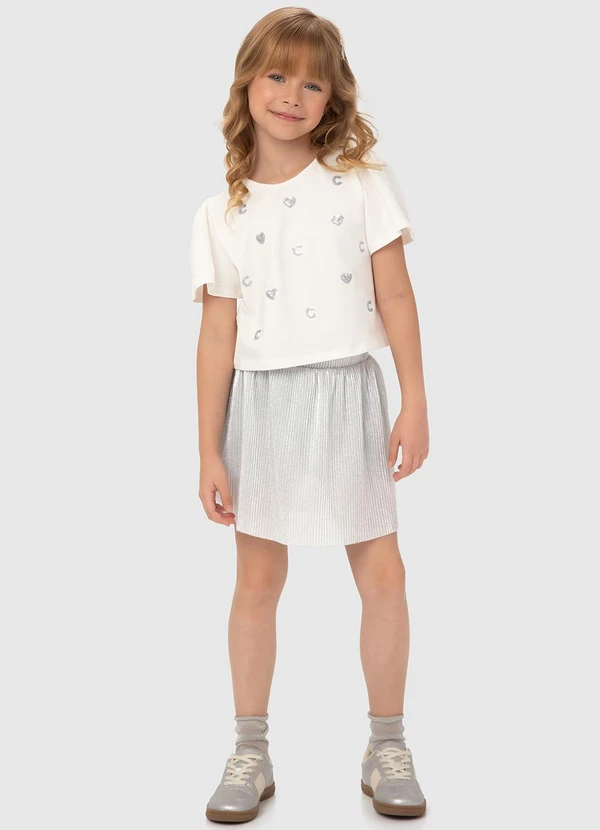 Carinhoso - Conjunto Off White Corações Plissado Menina
