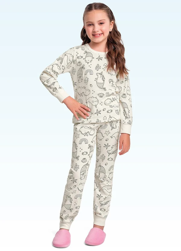 Fakini Kids - Conjunto Pijama Blusa M/Longa/Calça Branco