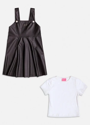 Momi - Conjunto Preto Manga Curta Fake Leather Branco - MOMI