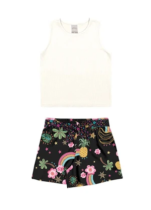 Alakazoo - Conjunto Regata Short e Kimono Estampado Preto - ALAKAZOO