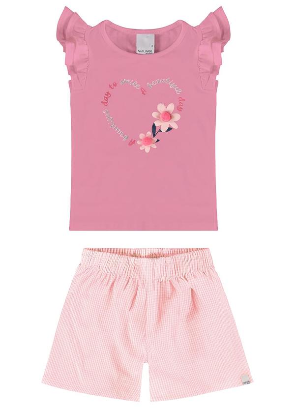Malwee Kids - Conjunto Rosa Antigo Flores com Pompom Menina