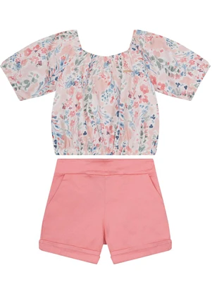 Carinhoso - Conjunto Rosa Claro Cropped Floral Menina - CARINHOSO