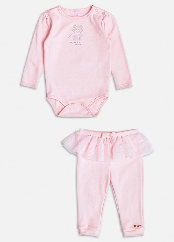 Momi - Conjunto Rosa Manga Longa com Ursinho Rosa