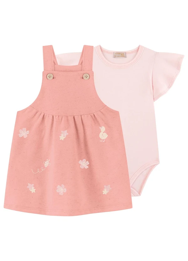 Milli e Nina - Conjunto Salopete e Body Bebê Menina Rosa