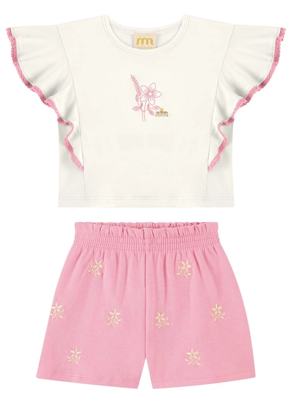 Milli e Nina - Conjunto Shorts e Blusa Bordado Bege