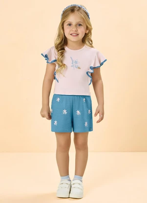 Milli e Nina - Conjunto Shorts e Blusa Bordado Rosa - MILLI E NINA