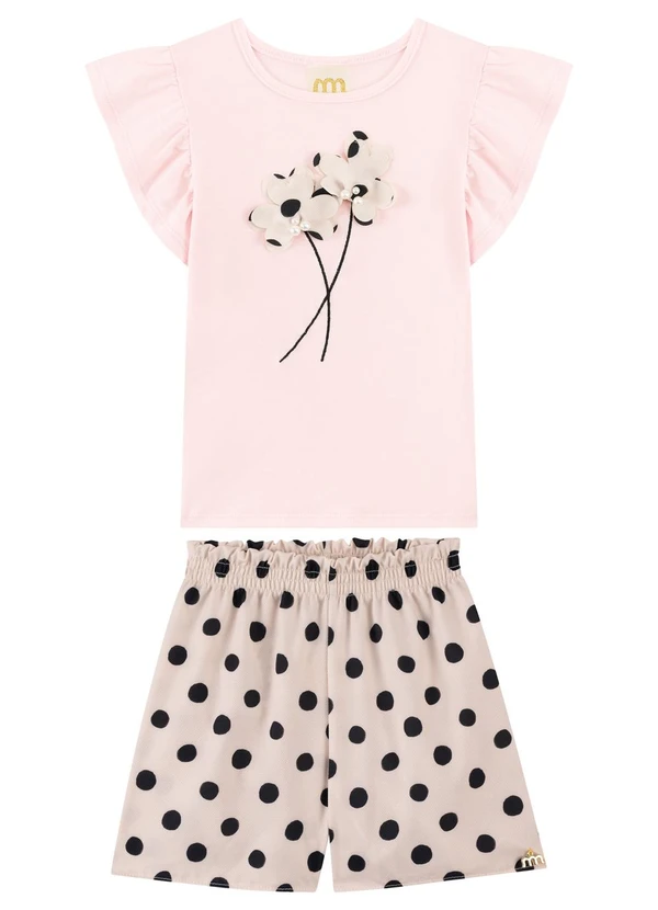 Milli e Nina - Conjunto Shorts e Blusa com Aplique Rosa