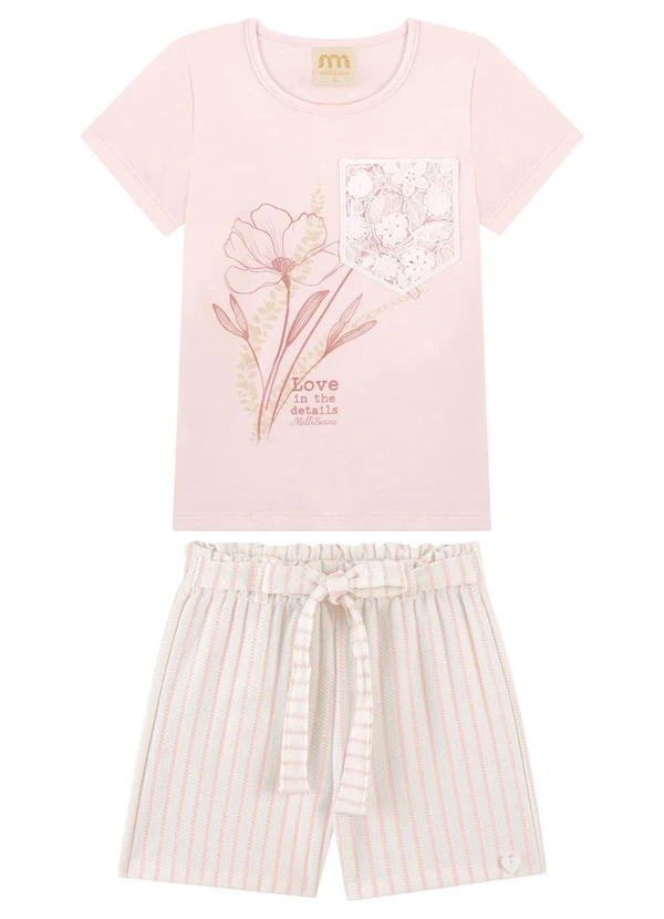 Milli e Nina - Conjunto Shorts e Blusa com Bolso em Renda Rosa