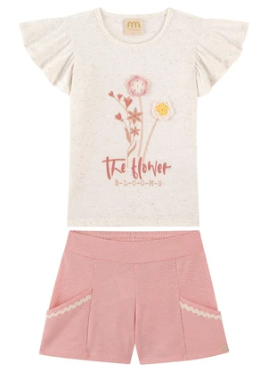 Milli e Nina - Conjunto Shorts e Blusa com Flor em Crochê Bege - MILLI E NINA