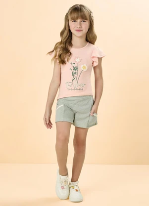 Milli e Nina - Conjunto Shorts e Blusa com Flor em Crochê Rosa - MILLI E NINA