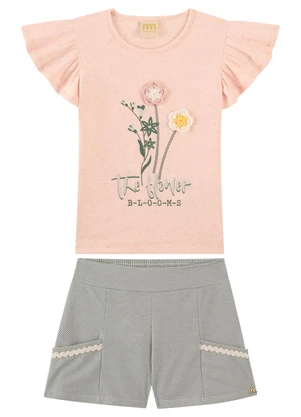 Milli e Nina - Conjunto Shorts e Blusa com Flor em Crochê Rosa - MILLI E NINA
