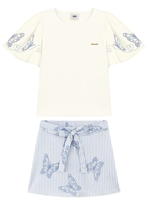 Marlan - Conjunto Shorts Saia Estampado e Blusa Bege - MARLAN