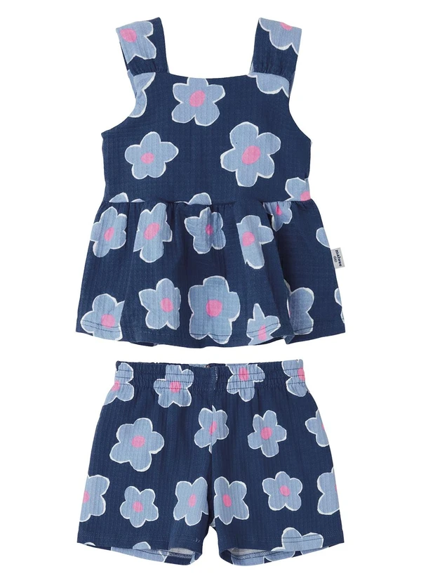 Malwee Kids - Conjunto Texturizado Floral Evasê Azul Marinho