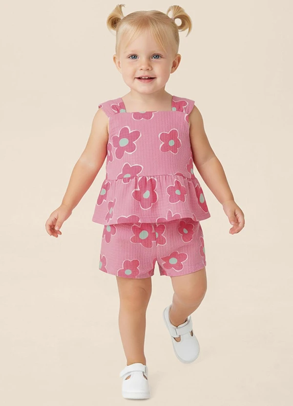 Malwee Kids - Conjunto Texturizado Floral Evasê Rosa Claro
