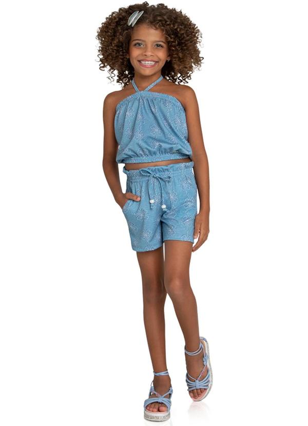 Marlan - Conjunto Top e Shorts Maquinetado Hibiscos Azul